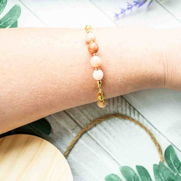 Peach Aventurine Bead Bracelet with Handmade Gold Chain Links - Picture 12 of 15